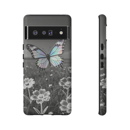 Butterfly Field Tough Phone Case — Pastel Holographic Butterfly on Black & White Floral Background