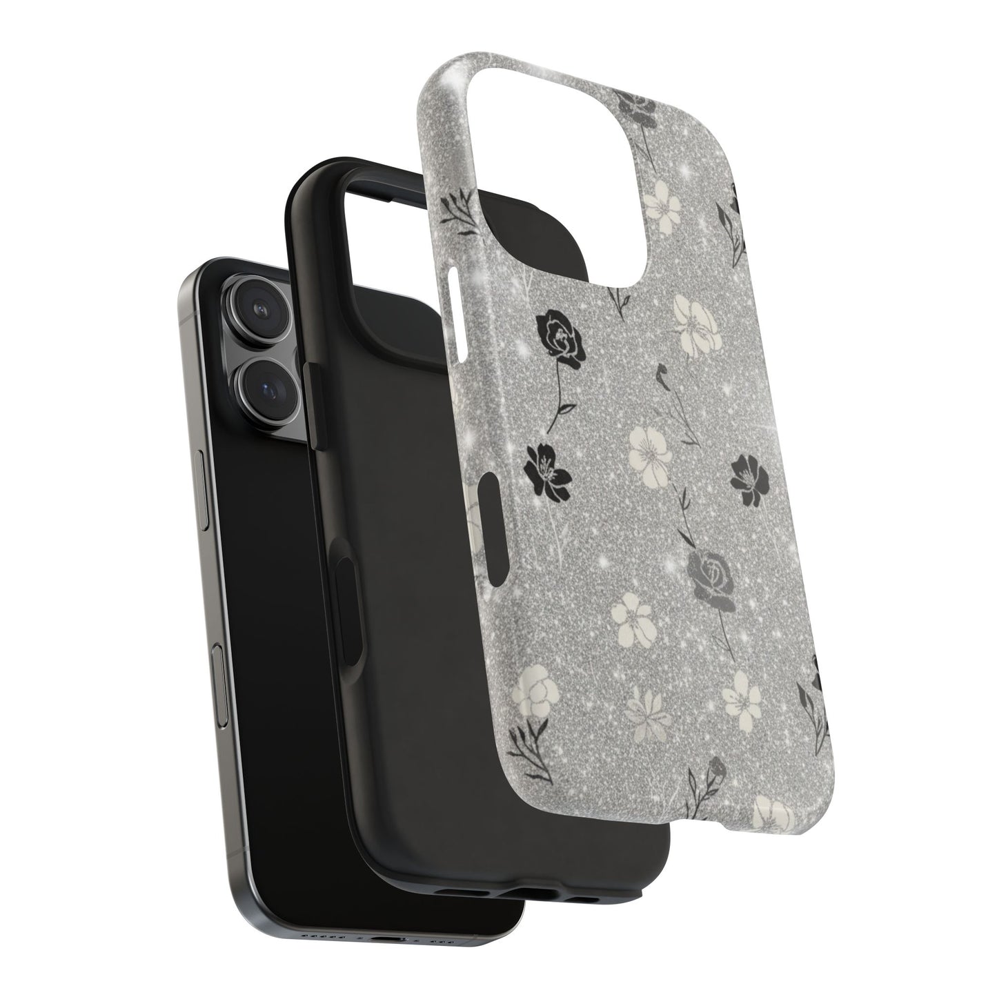 Floral Glitter Tough Phone Case — Black & Silver Vintage Flower Protective Cover