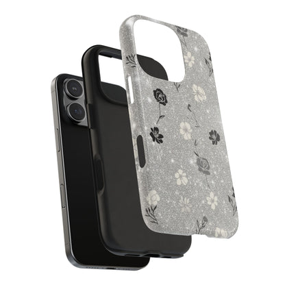 Floral Glitter Tough Phone Case — Black & Silver Vintage Flower Protective Cover