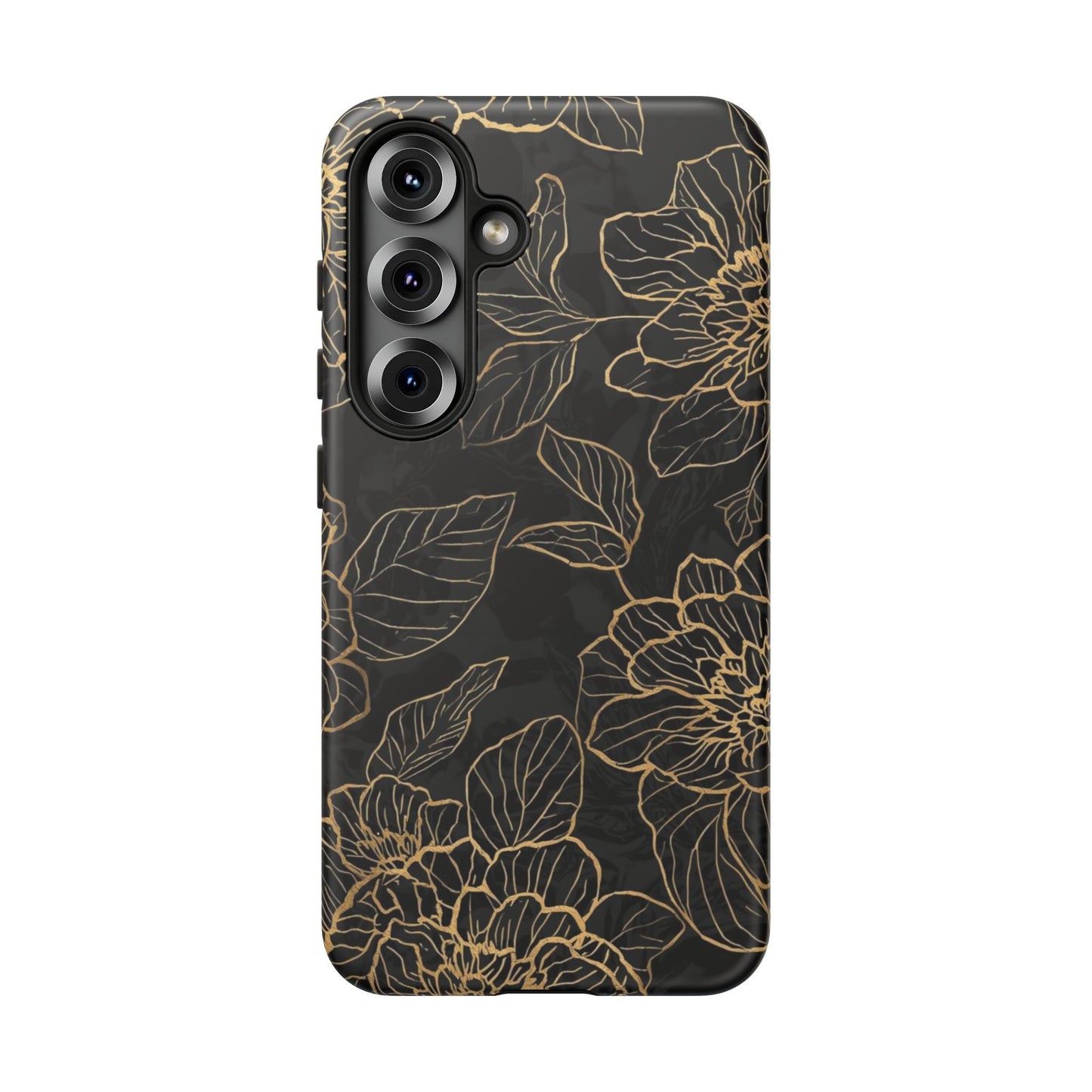 Floral Gold Outline Tough Phone Case – Black Botanical Protective Cover