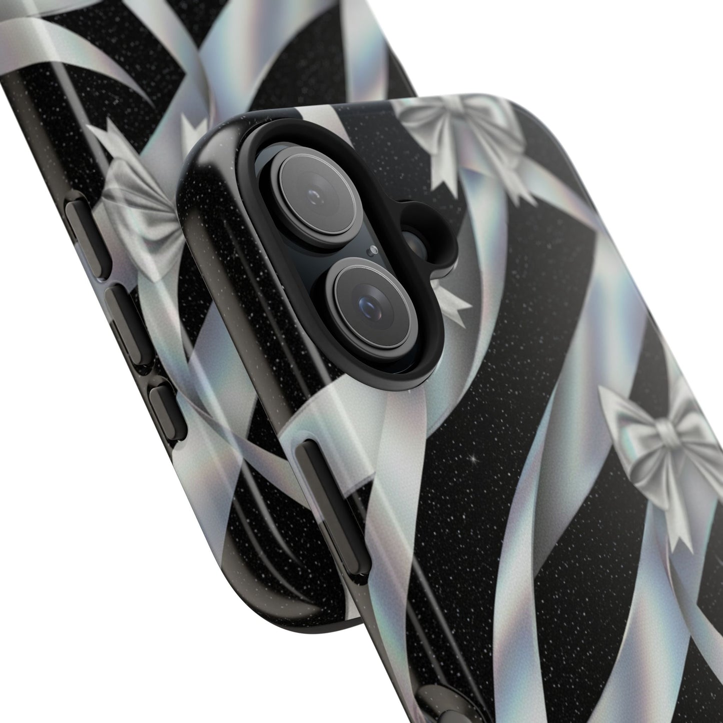 Silver Ribbon Bow Tough Phone Case — Glitter Black Protective Phone Case