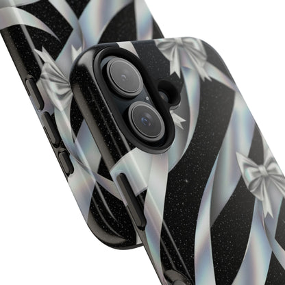 Silver Ribbon Bow Tough Phone Case — Glitter Black Protective Phone Case