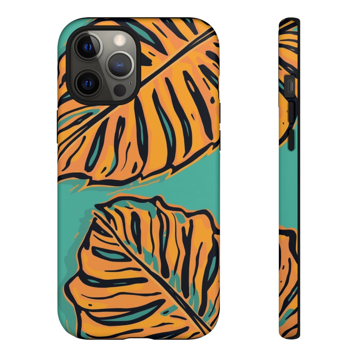 Tropical Leaf Tough Phone Case — Orange Monstera Design on Teal