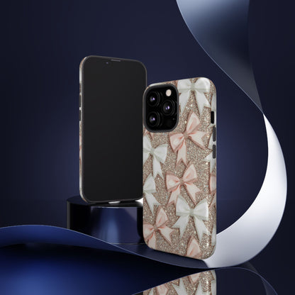 Glitter Bow Tough Phone Case — Pink & White Ribbon Protective Cover