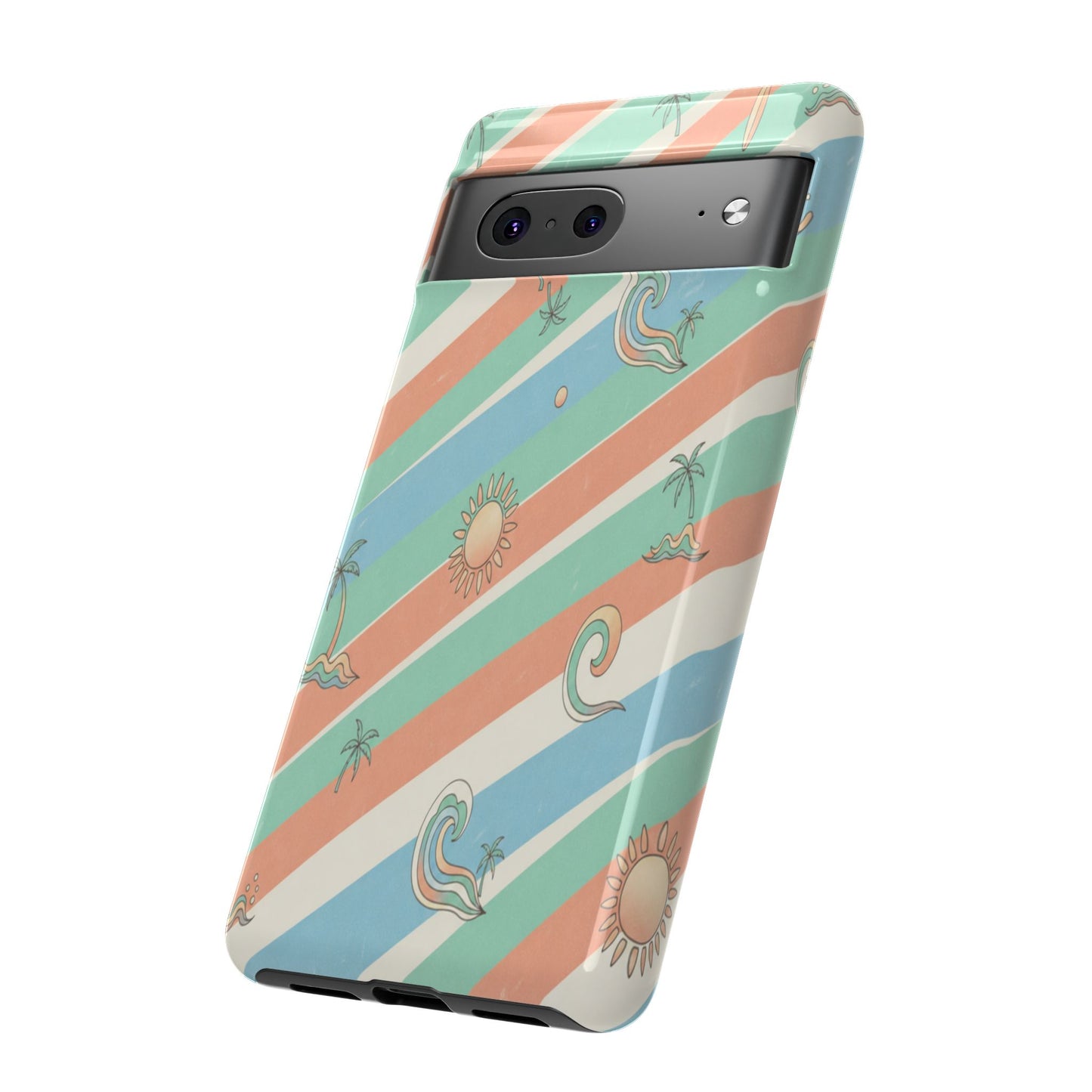 Retro Beach Stripes Phone Case — Sun, Waves & Palm Pattern Tough Case