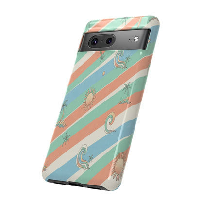 Retro Beach Stripes Phone Case — Sun, Waves & Palm Pattern Tough Case