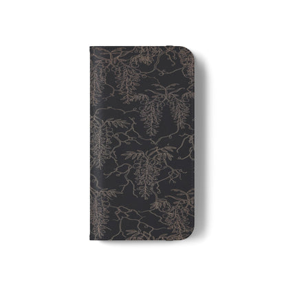Botanical Noir Flip Phone Case — Dark Floral Wallet Cover with Card Slots
