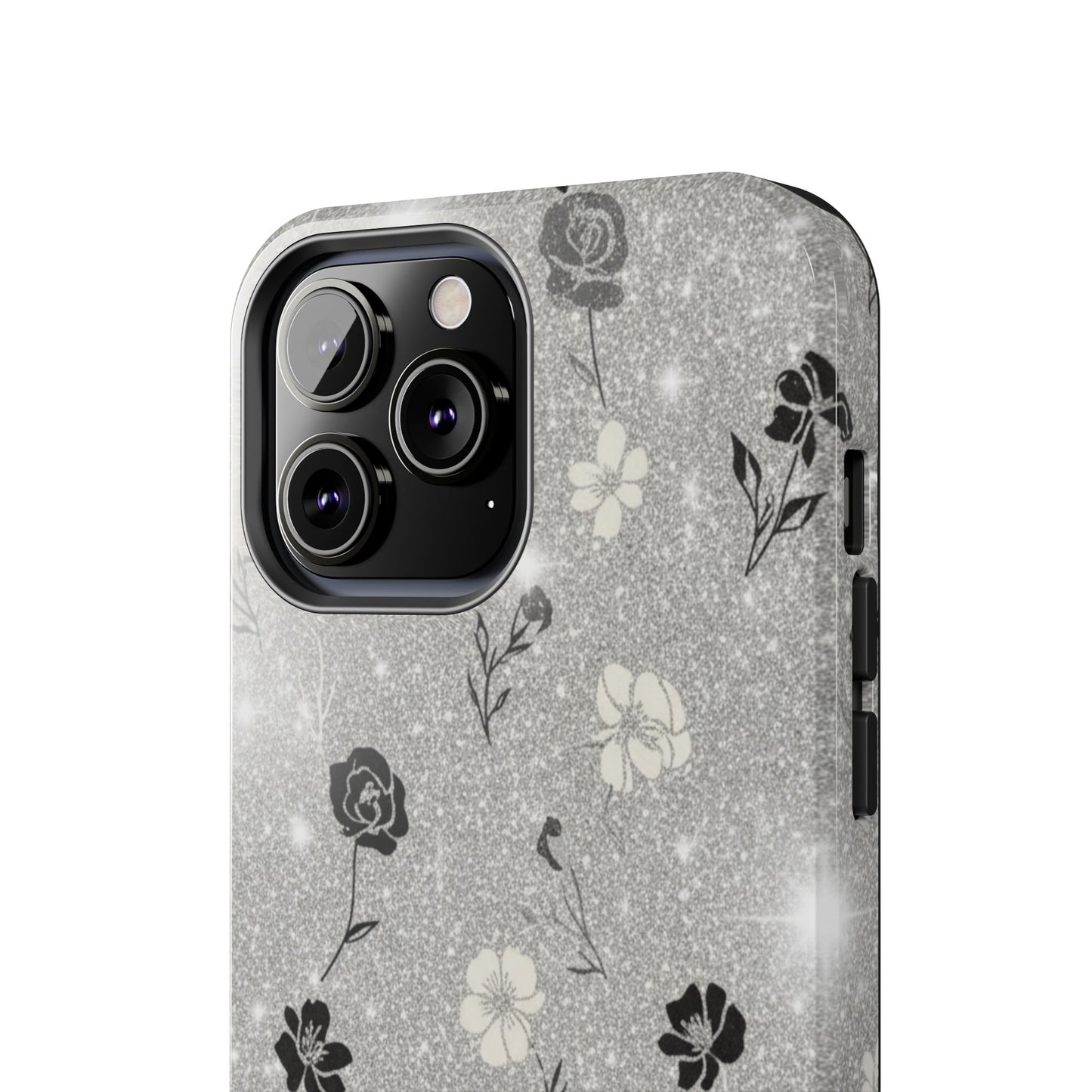 Floral Glitter Tough Phone Case — Black & Silver Vintage Flower Protective Cover