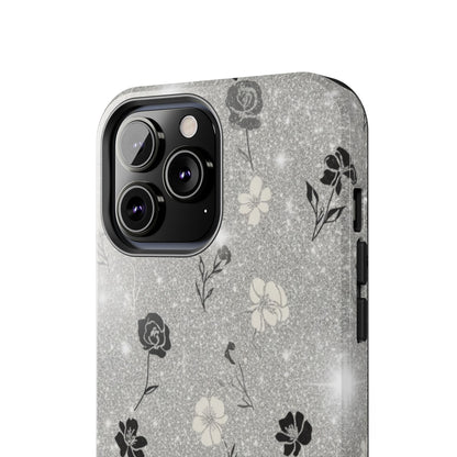 Floral Glitter Tough Phone Case — Black & Silver Vintage Flower Protective Cover