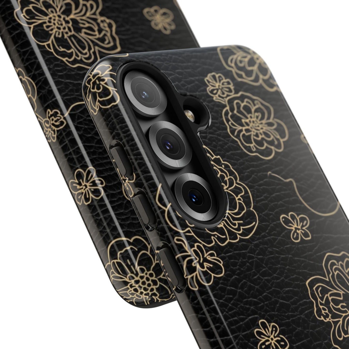Floral Leather-Texture Tough Case – Black Gold Outline Phone Cover