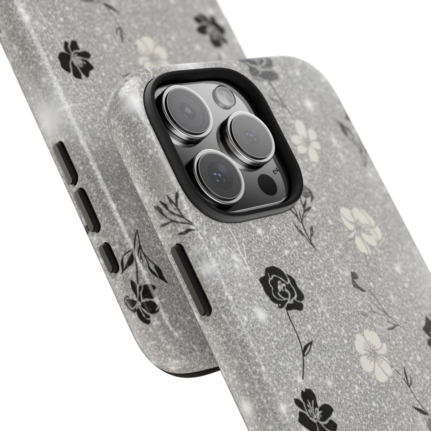 Floral Glitter Tough Phone Case — Black & Silver Vintage Flower Protective Cover