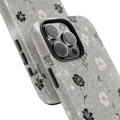 Floral Glitter Tough Phone Case — Black & Silver Vintage Flower Protective Cover