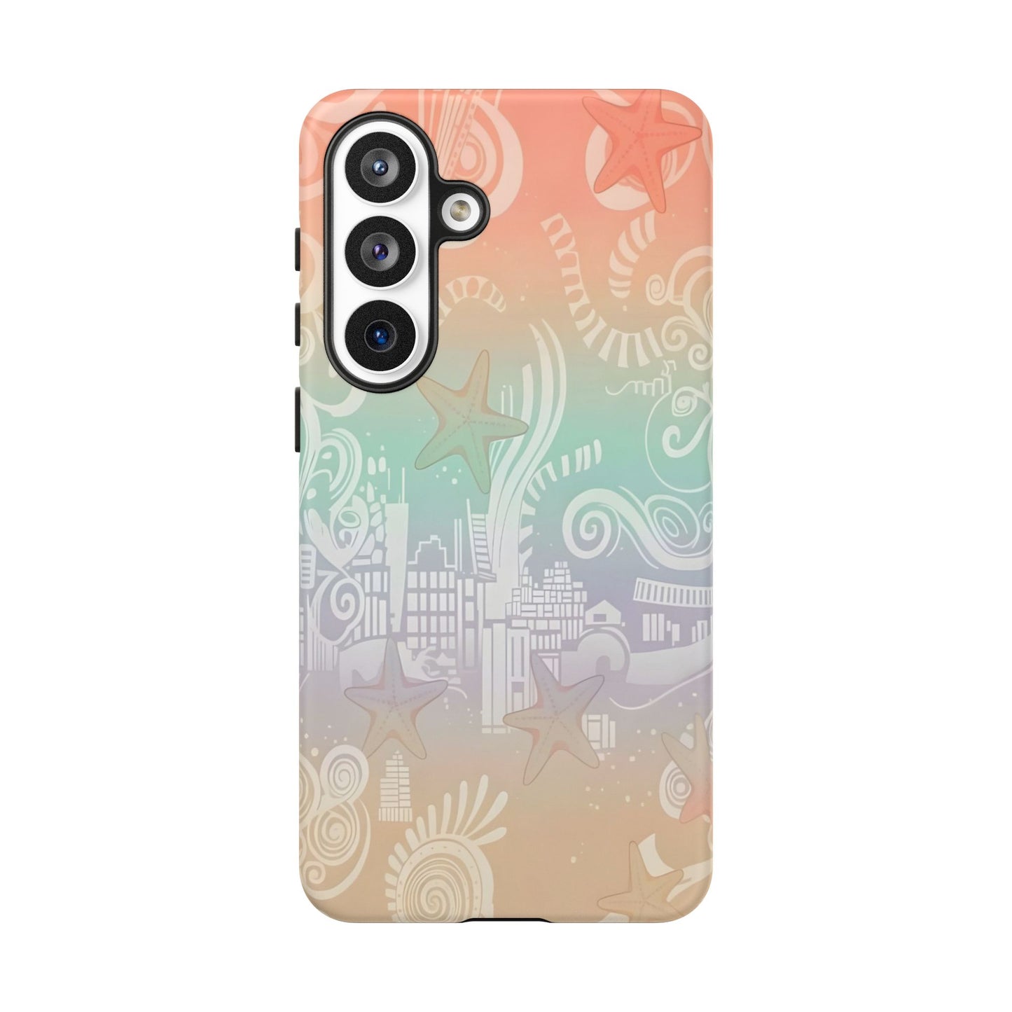 Tough Cases: Pastel Beach Pattern Phone Case — Starfish & Coastal Cityscape Protective Cover