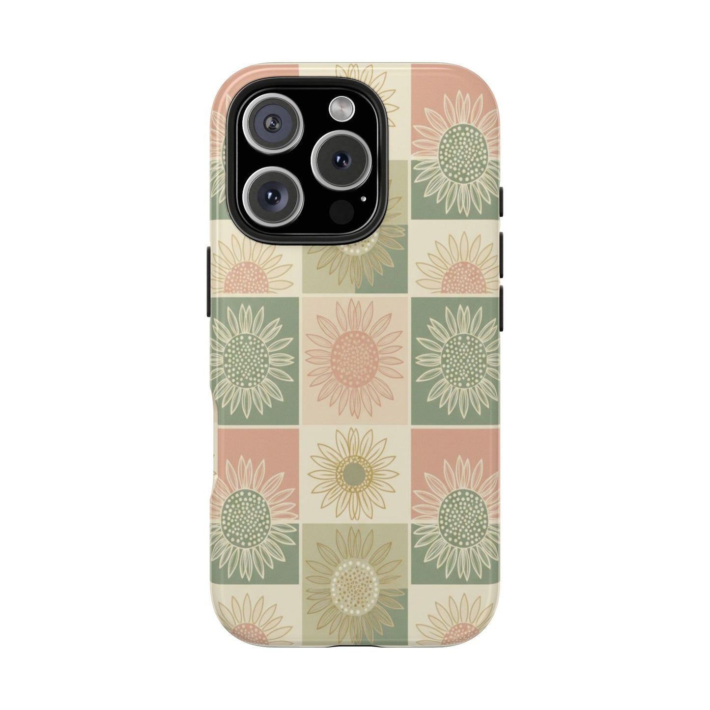 Sunflower Check iPhone Tough Phone Case — Retro Pastel Floral Protective Cover