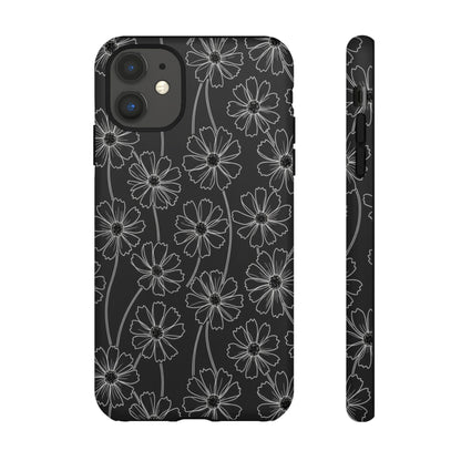 Floral Doodle Tough Phone Case — Black & Gray Daisy Pattern