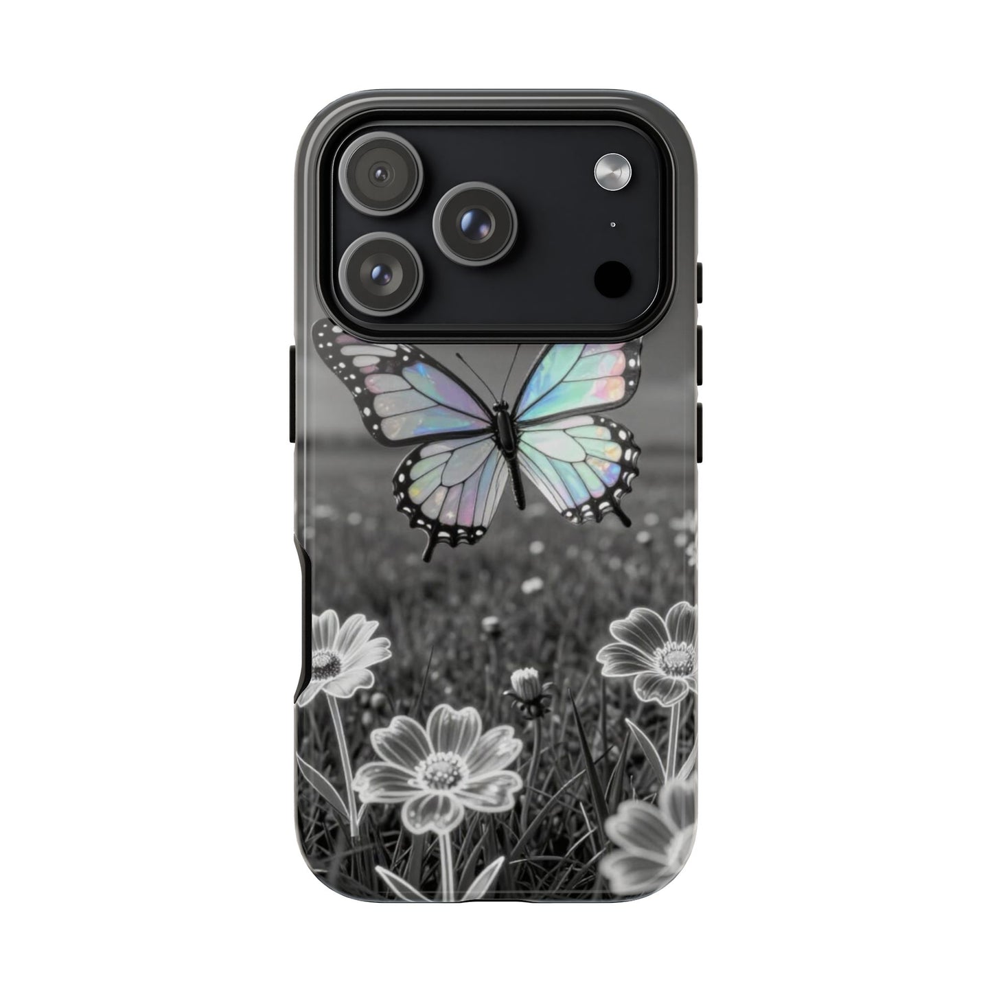 Butterfly Field Tough Phone Case — Pastel Holographic Butterfly on Black & White Floral Background