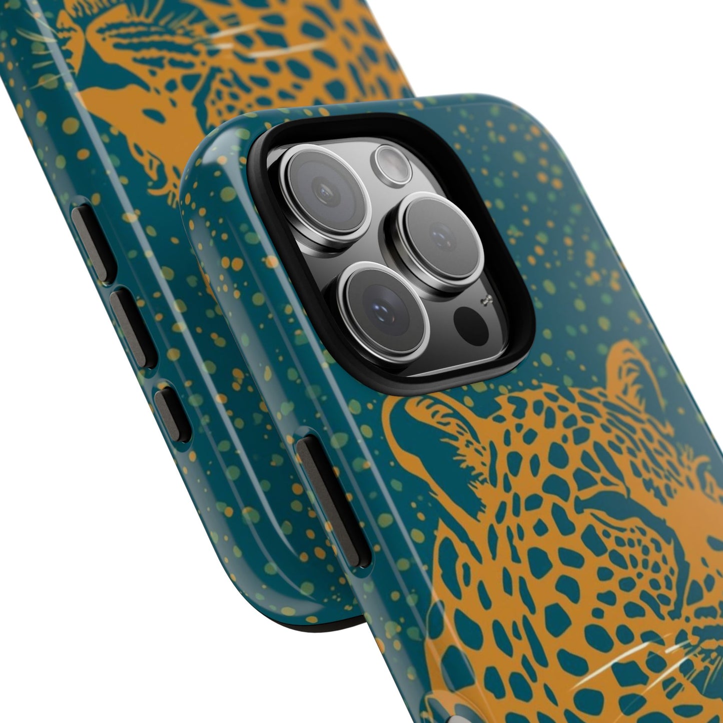 Leopard Print Tough Phone Case — Gold Panther on Teal, Protective iPhone Cover