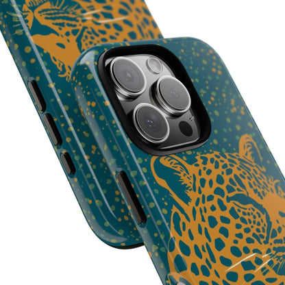 Leopard Print Tough Phone Case — Gold Panther on Teal, Protective iPhone Cover