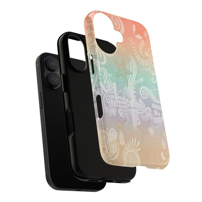 Tough Cases: Pastel Beach Pattern Phone Case — Starfish & Coastal Cityscape Protective Cover