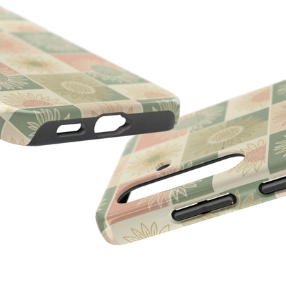 Sunflower Check iPhone Tough Phone Case — Retro Pastel Floral Protective Cover
