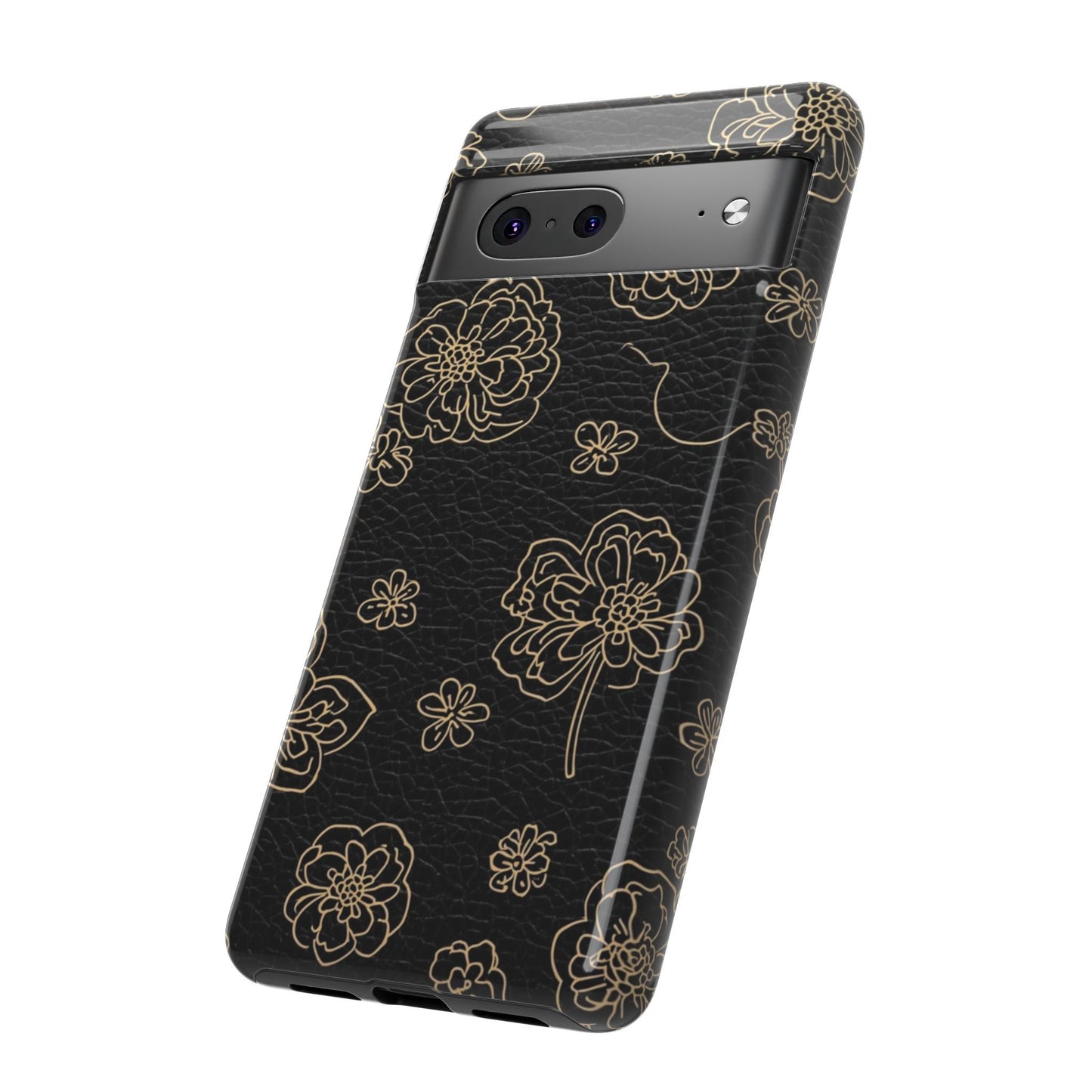 Floral Leather-Texture Tough Case – Black Gold Outline Phone Cover
