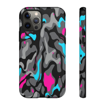 Camouflage Phone Case — Gray Camo with Neon Pink & Cyan Accent Tough Protective Cover