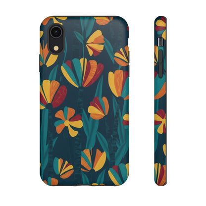 Floral Retro Teal Tough Phone Case — Vibrant Orange & Mustard Blooms