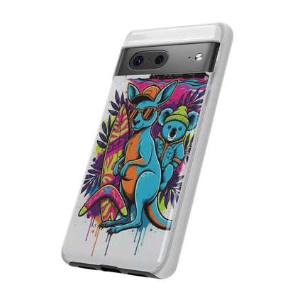 Kangaroo & Koala Surf Phone Case — Retro Neon Beach Art Tough Case