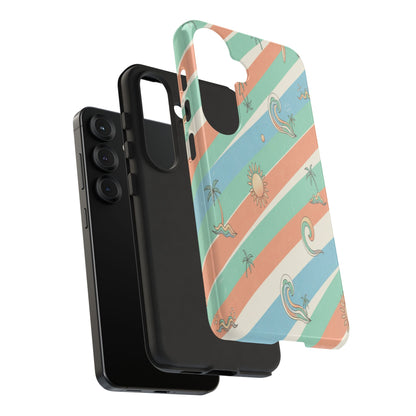 Retro Beach Stripes Phone Case — Sun, Waves & Palm Pattern Tough Case