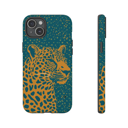 Leopard Print Tough Phone Case — Gold Panther on Teal, Protective iPhone Cover