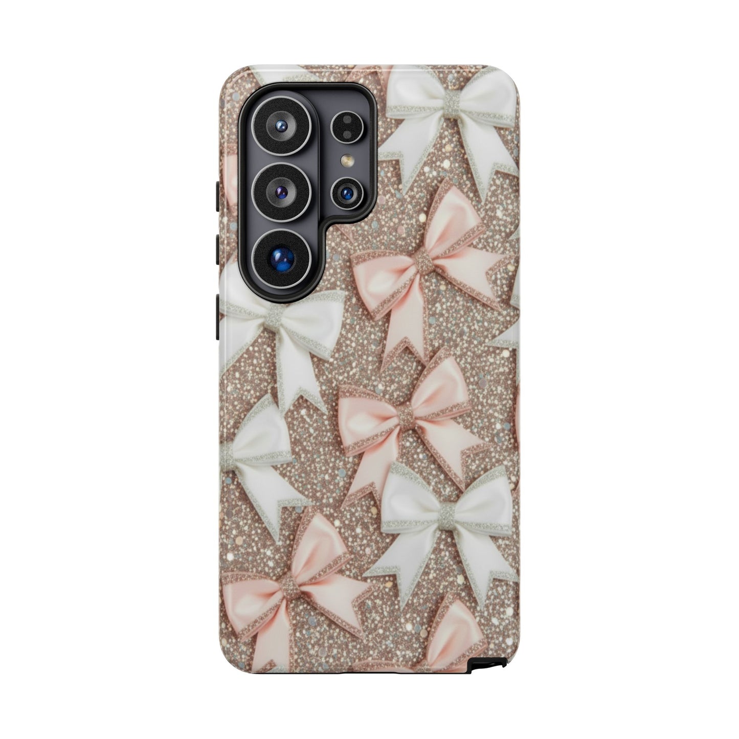 Glitter Bow Tough Phone Case — Pink & White Ribbon Protective Cover