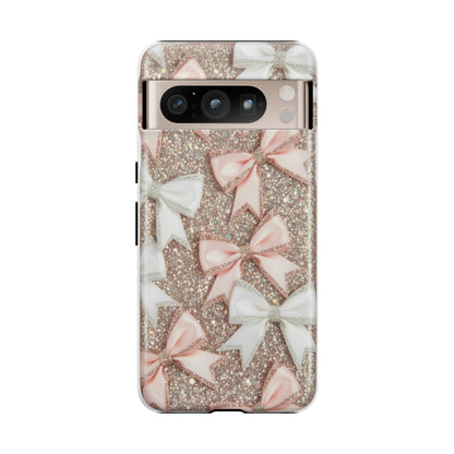 Glitter Bow Tough Phone Case — Pink & White Ribbon Protective Cover