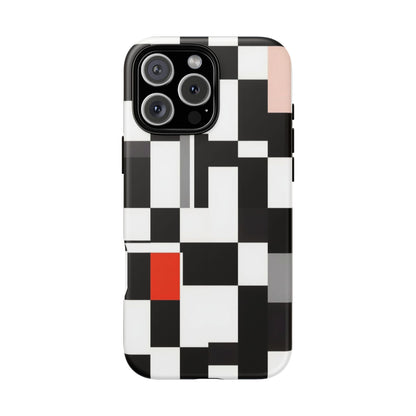 Abstract Geometric Phone Case – Black & White Checker Grid with Red Accent