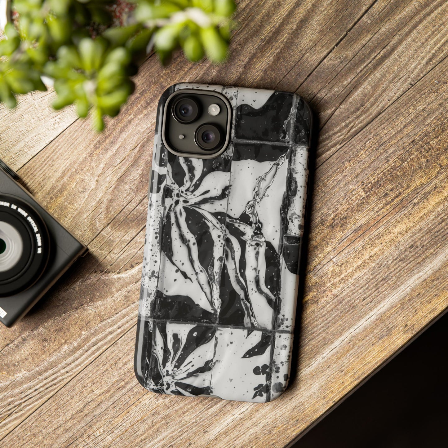 Monochrome Tile Floral Tough Phone Case