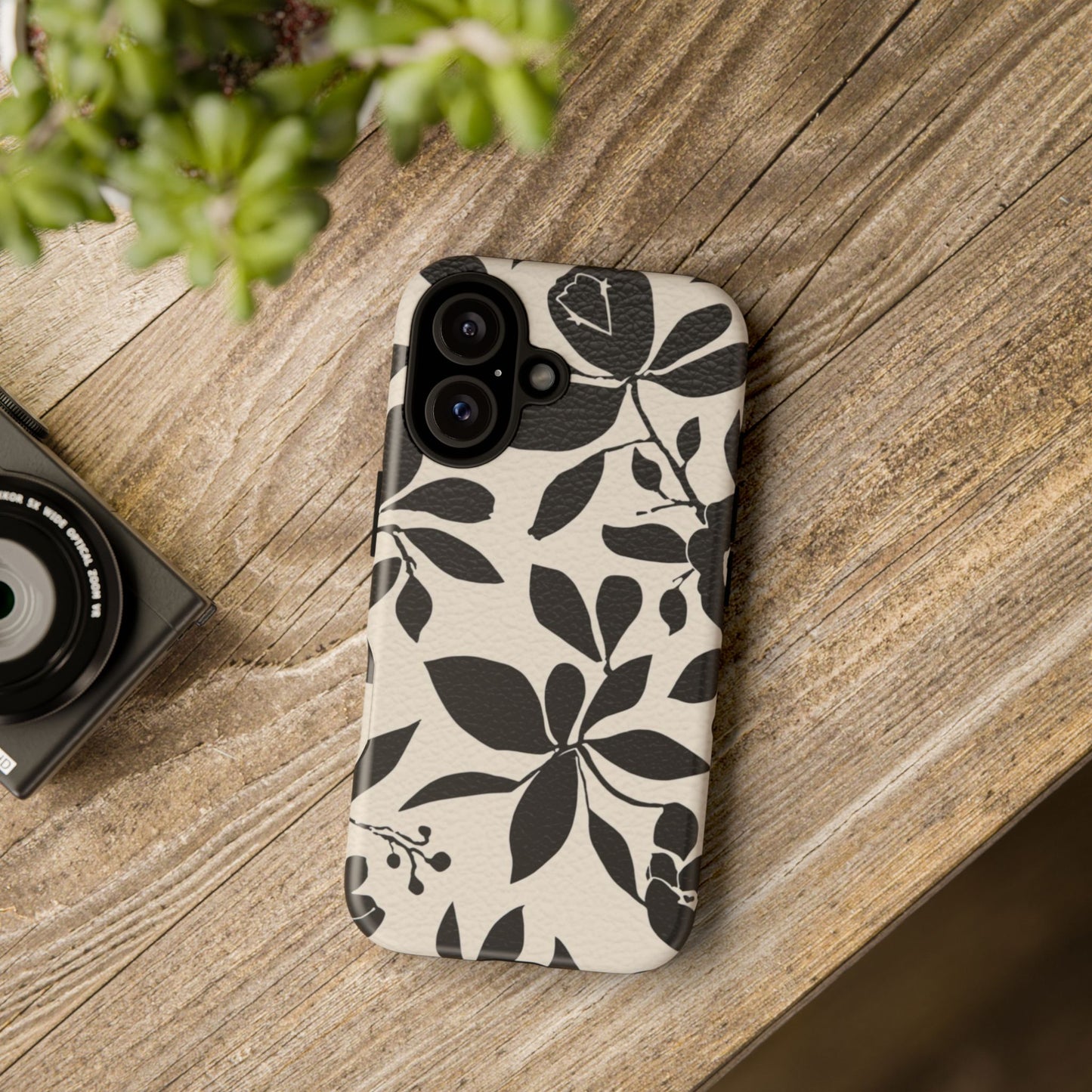 Black Floral Pattern Phone Case — Monochrome Botanical Tough Case