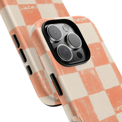 Peach Checkerboard Tough Phone Case — Retro Distressed Grid Design
