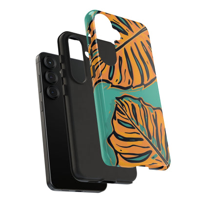 Tropical Leaf Tough Phone Case — Orange Monstera Design on Teal