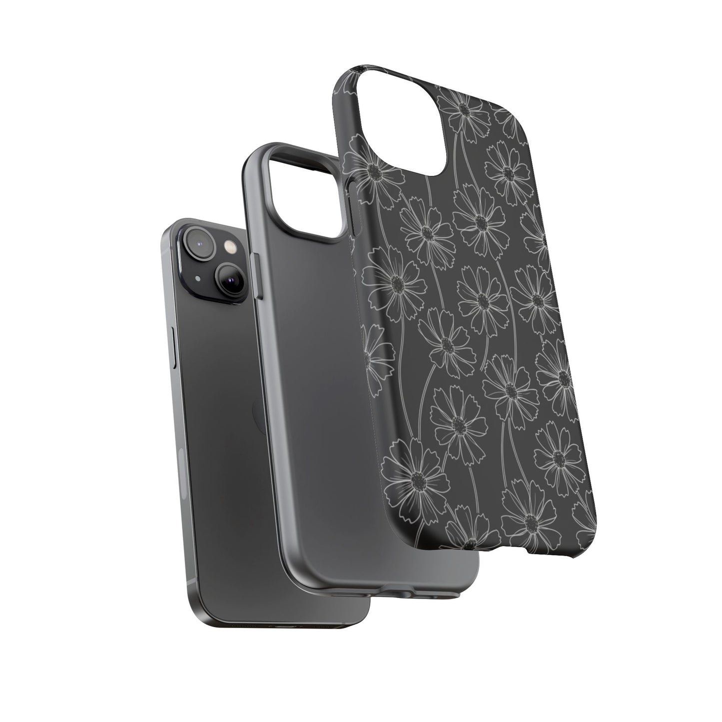 Floral Doodle Tough Phone Case — Black & Gray Daisy Pattern