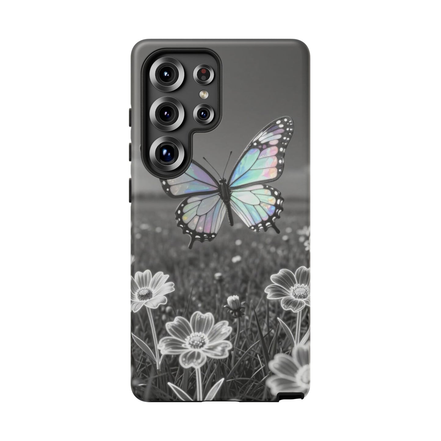 Butterfly Field Tough Phone Case — Pastel Holographic Butterfly on Black & White Floral Background
