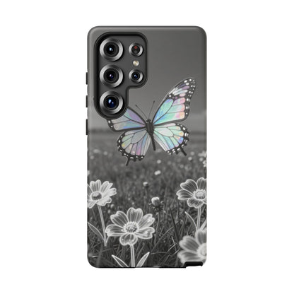 Butterfly Field Tough Phone Case — Pastel Holographic Butterfly on Black & White Floral Background