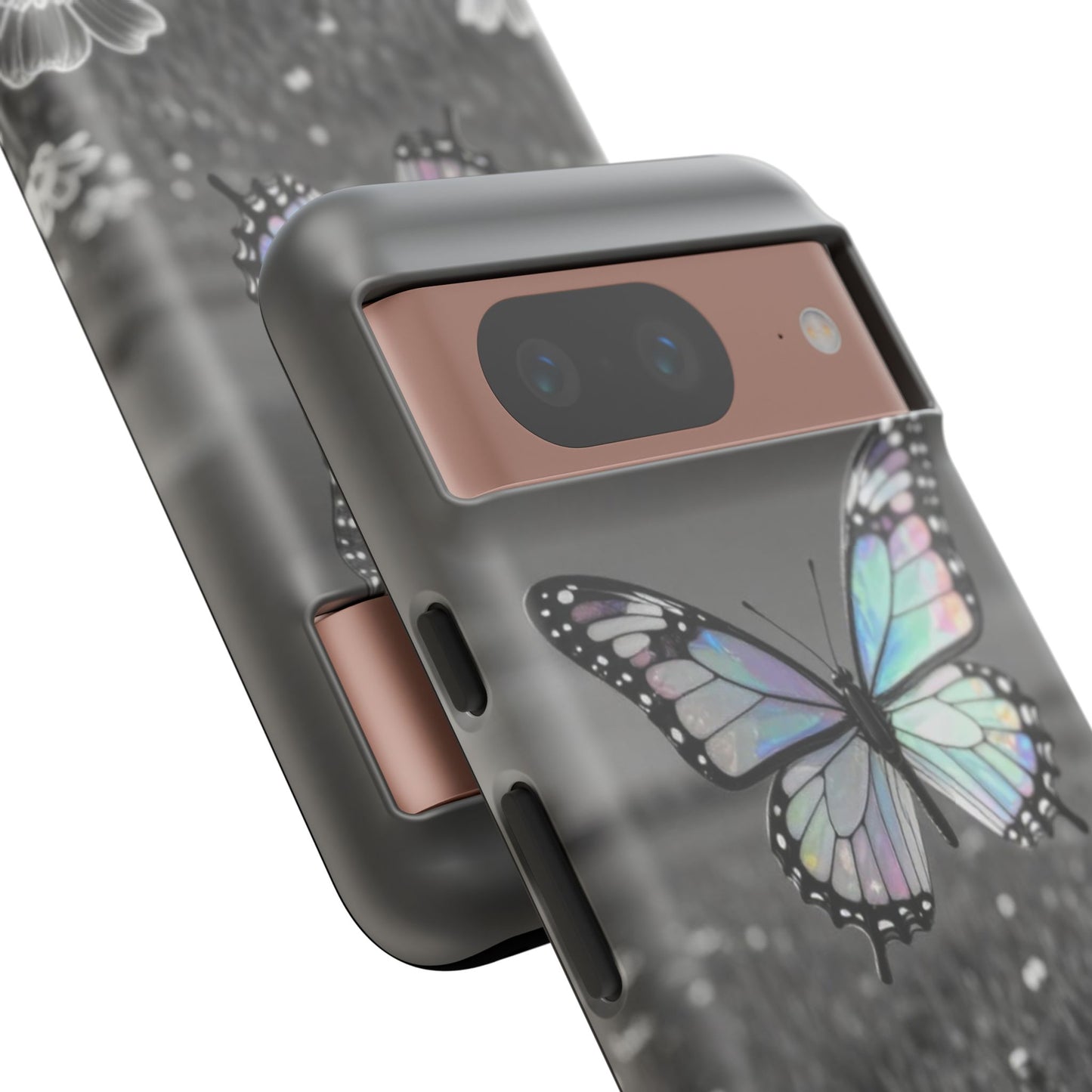 Butterfly Field Tough Phone Case — Pastel Holographic Butterfly on Black & White Floral Background