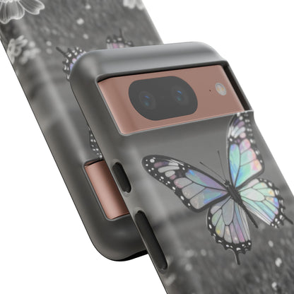 Butterfly Field Tough Phone Case — Pastel Holographic Butterfly on Black & White Floral Background