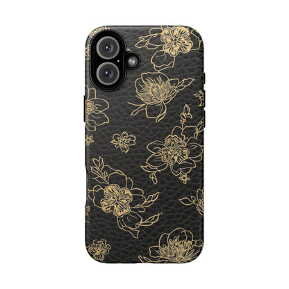 Floral Leather Phone Case — Gold Outline Flowers on Black Tough Case