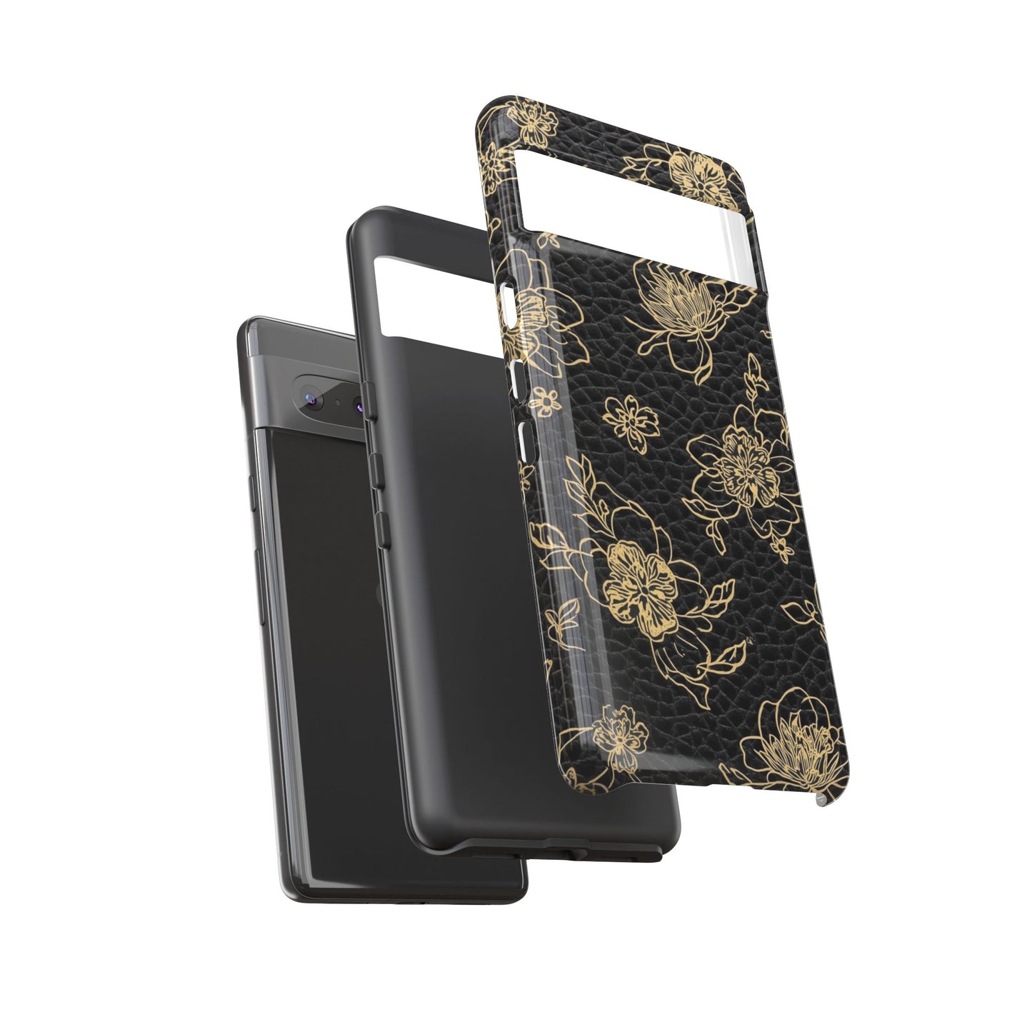 Floral Leather Phone Case — Gold Outline Flowers on Black Tough Case
