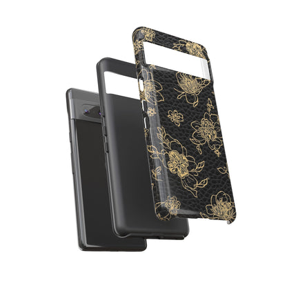 Floral Leather Phone Case — Gold Outline Flowers on Black Tough Case