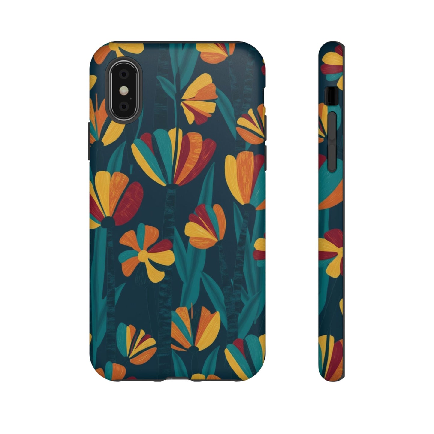 Floral Retro Teal Tough Phone Case — Vibrant Orange & Mustard Blooms