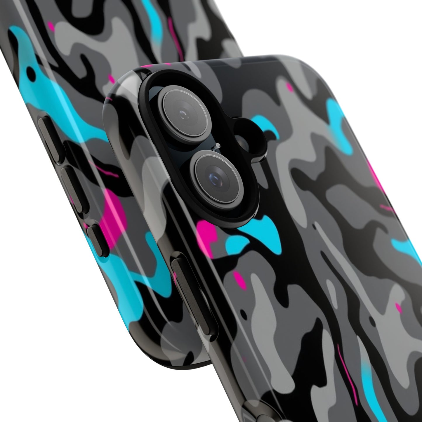 Camouflage Phone Case — Gray Camo with Neon Pink & Cyan Accent Tough Protective Cover