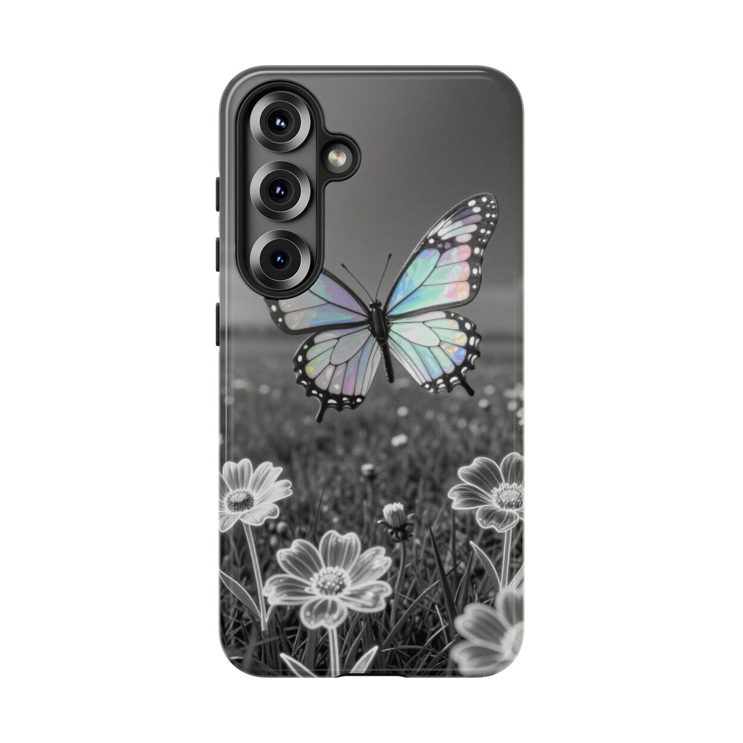 Butterfly Field Tough Phone Case — Pastel Holographic Butterfly on Black & White Floral Background