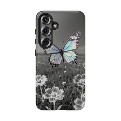 Butterfly Field Tough Phone Case — Pastel Holographic Butterfly on Black & White Floral Background