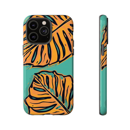 Tropical Leaf Tough Phone Case — Orange Monstera Design on Teal